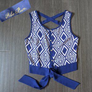 Blue Rain, Button Down Crop Top - Cross Back & Tie, Geo Print Blue, Sz S